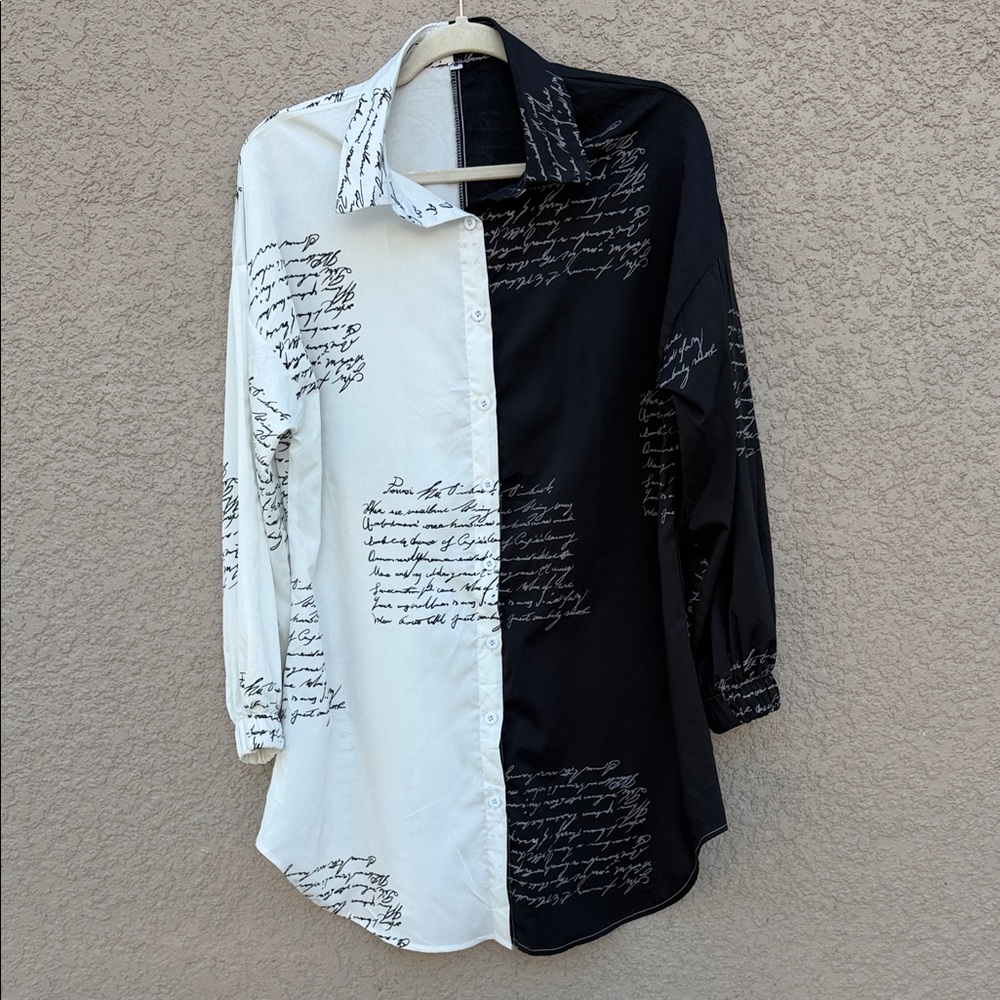 Two-Tone Black & White Script Tunic Shirt